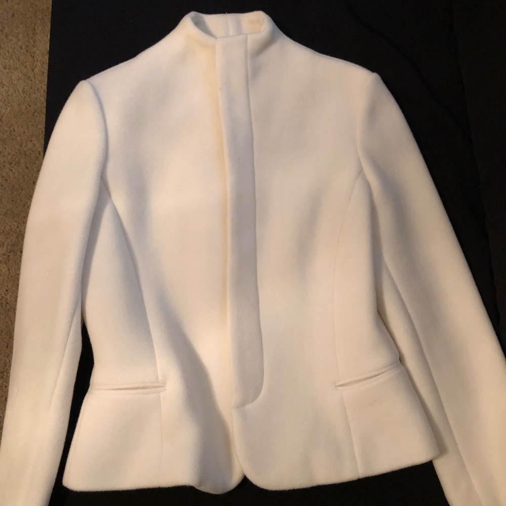 Wool, angora & cashmere jacket, hidden buttons.